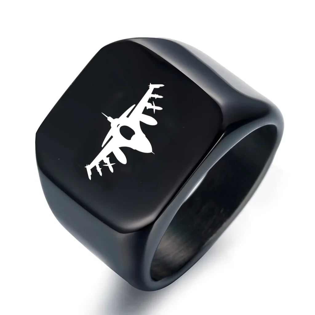Fighter Jet 16 Silhouette aviation ring in stainless steel.