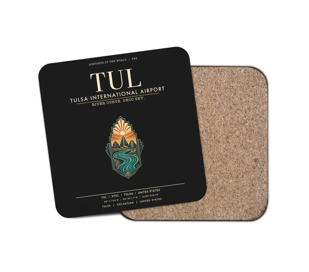 Tulsa International Airport (TUL) design on black 1 piece coaster