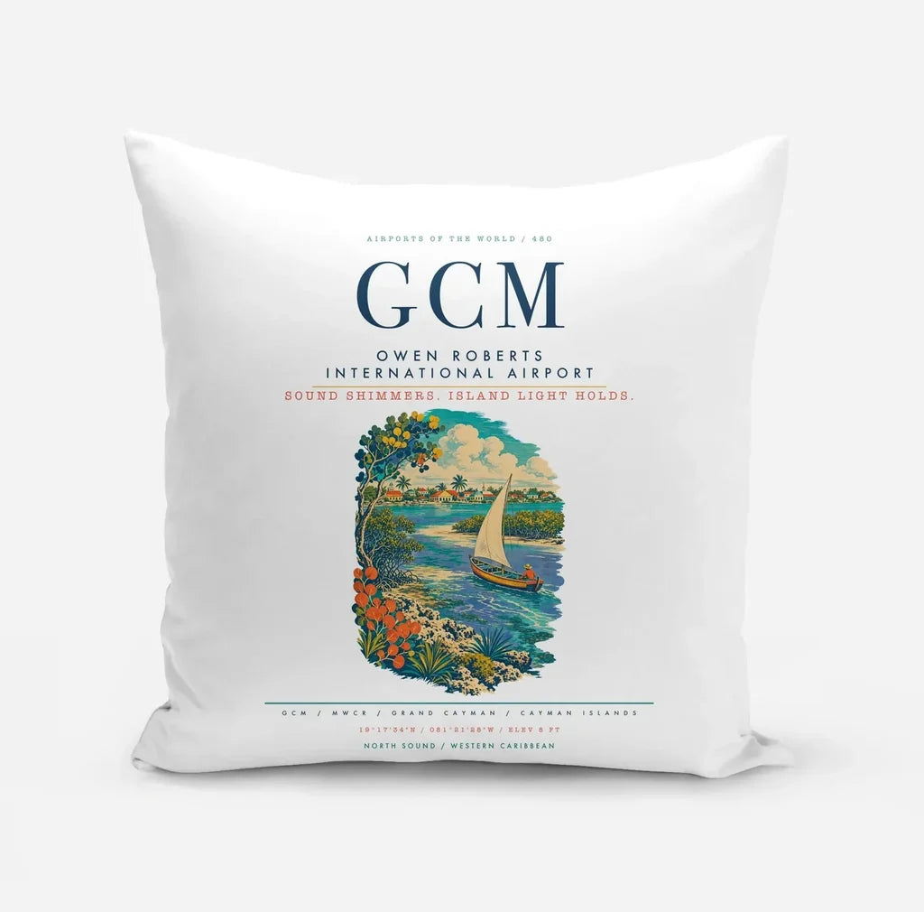 Owen Roberts International Airport (GCM) design on white pillow