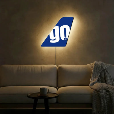 Go First aviation design on durable metal with LED aircraft tail wall art.
