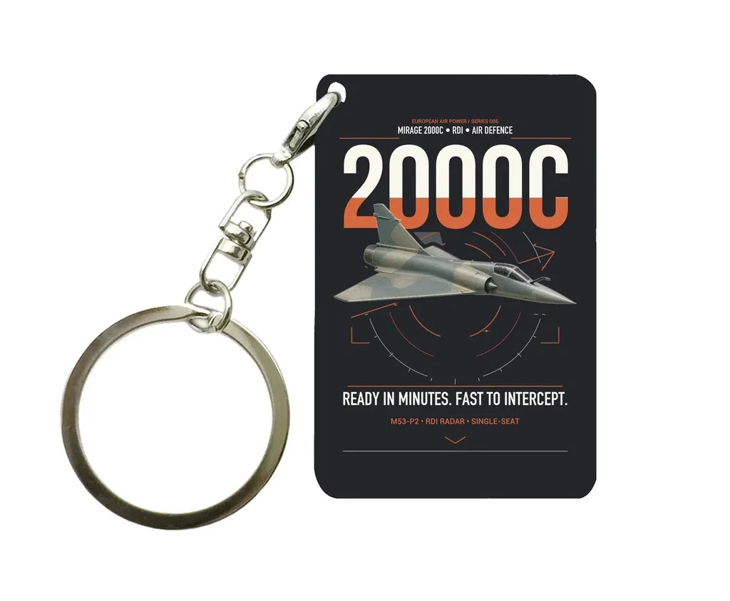 Dassault Mirage 2000C RDI design on black designed key chain, double-side print