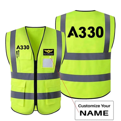 Airbus A330 Flat Text aviation design printed on high-visibility reflective fabric reflective vest.