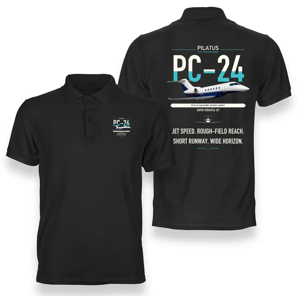 Pilatus PC-24 design on black double-side polo t-shirt, double-side print