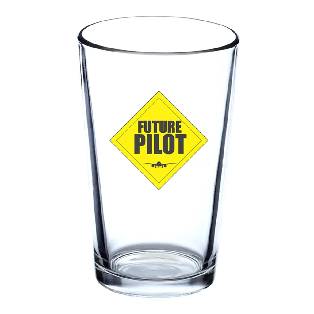 Future Pilot Beer & aviation design on beer water glass, versatile drinkware.