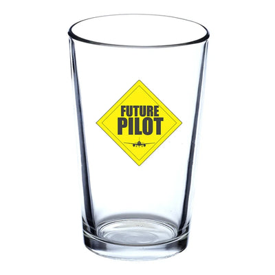 Future Pilot Beer & aviation design on beer water glass, versatile drinkware.