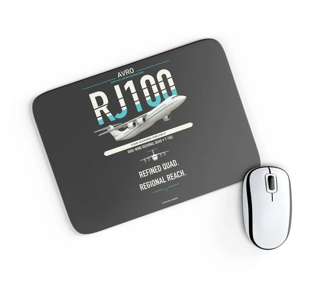 Avro RJ100 design on black rectangle mouse pad