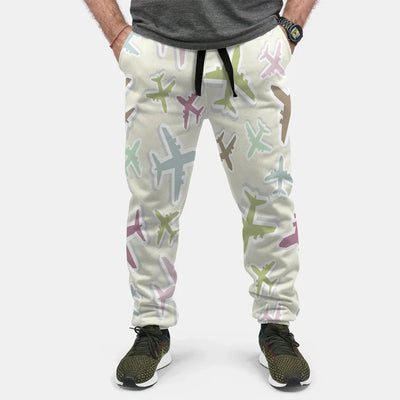 Seamless 3D Airplanes aviation design on soft cotton blend 3D-printed sweatpants.