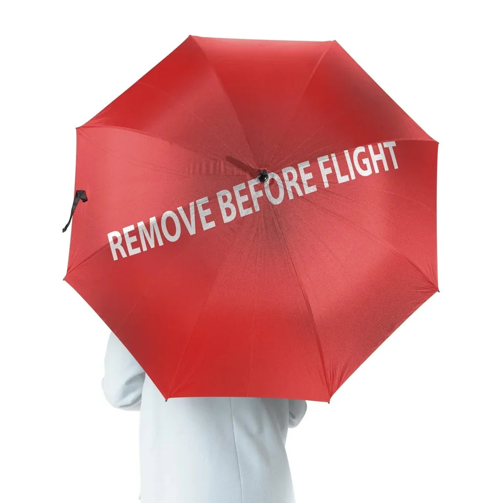 REMOVE BEFORE FLIGHT aviation design on windproof polyester umbrella.