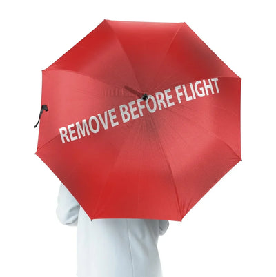 REMOVE BEFORE FLIGHT aviation design on windproof polyester umbrella.