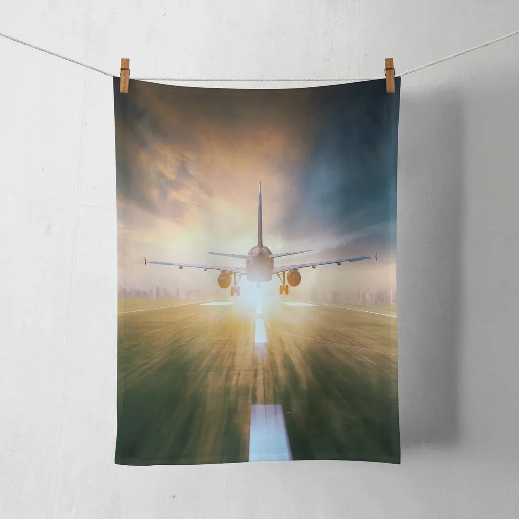 Airplane Flying Over Runway aviation design on soft absorbent cotton towel.