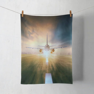 Airplane Flying Over Runway aviation design on soft absorbent cotton towel.