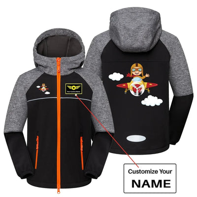 Cartoon Little Boy Operating Plane (Edition 2) aviation design printed on warm polar fleece kids' polar jacket.