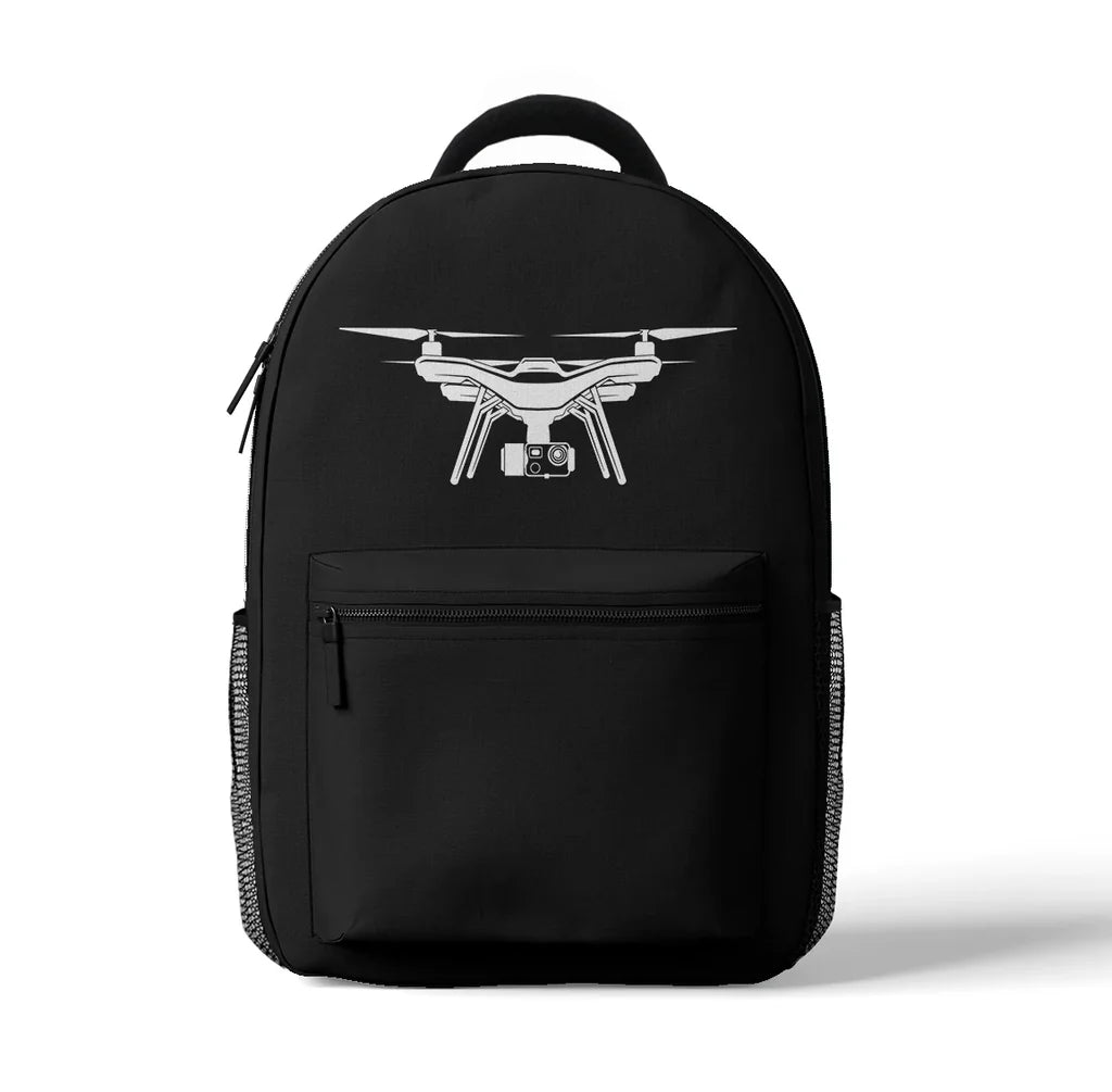 Drone Silhouette aviation print backpack, durable polyester.