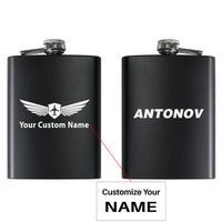 Thumbnail for Antonov & Text aviation design on stainless hip flask, compact pocket-size flask.