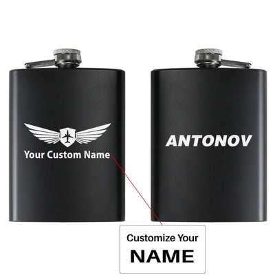 Antonov & Text aviation design on stainless hip flask, compact pocket-size flask.