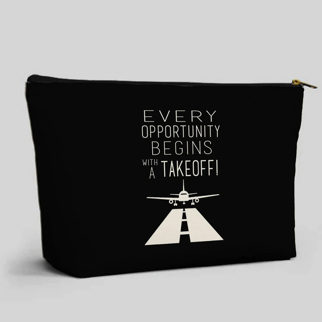 Every Opportunity aviation print zipper pouch, durable polyester.