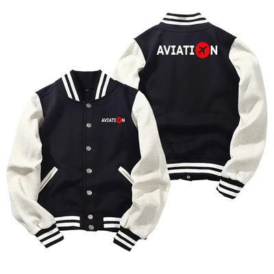 Aviation Baseball Style aviation design printed on two-tone shell with ribbed cuffs baseball jacket.
