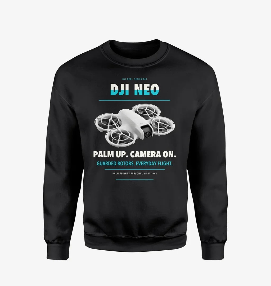 DJI Neo design on black sweatshirt