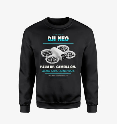 DJI Neo design on black sweatshirt