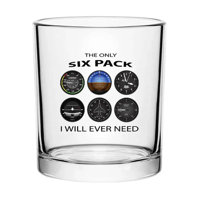 The Only Six Pack I Will Ever Need aviation design on whiskey glass, special-edition crystal cut.