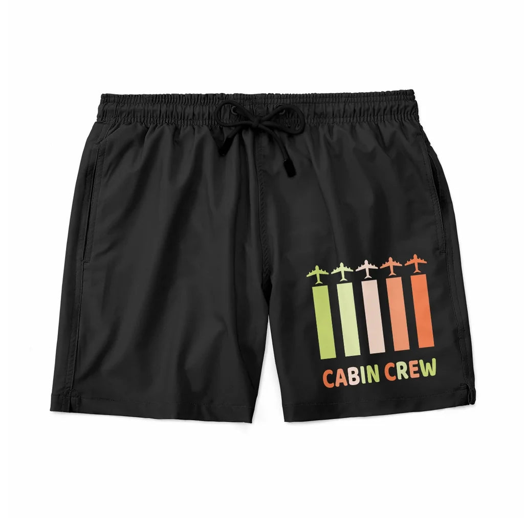 Colourful Cabin Crew aviation design on quick-dry polyester swim trunks.