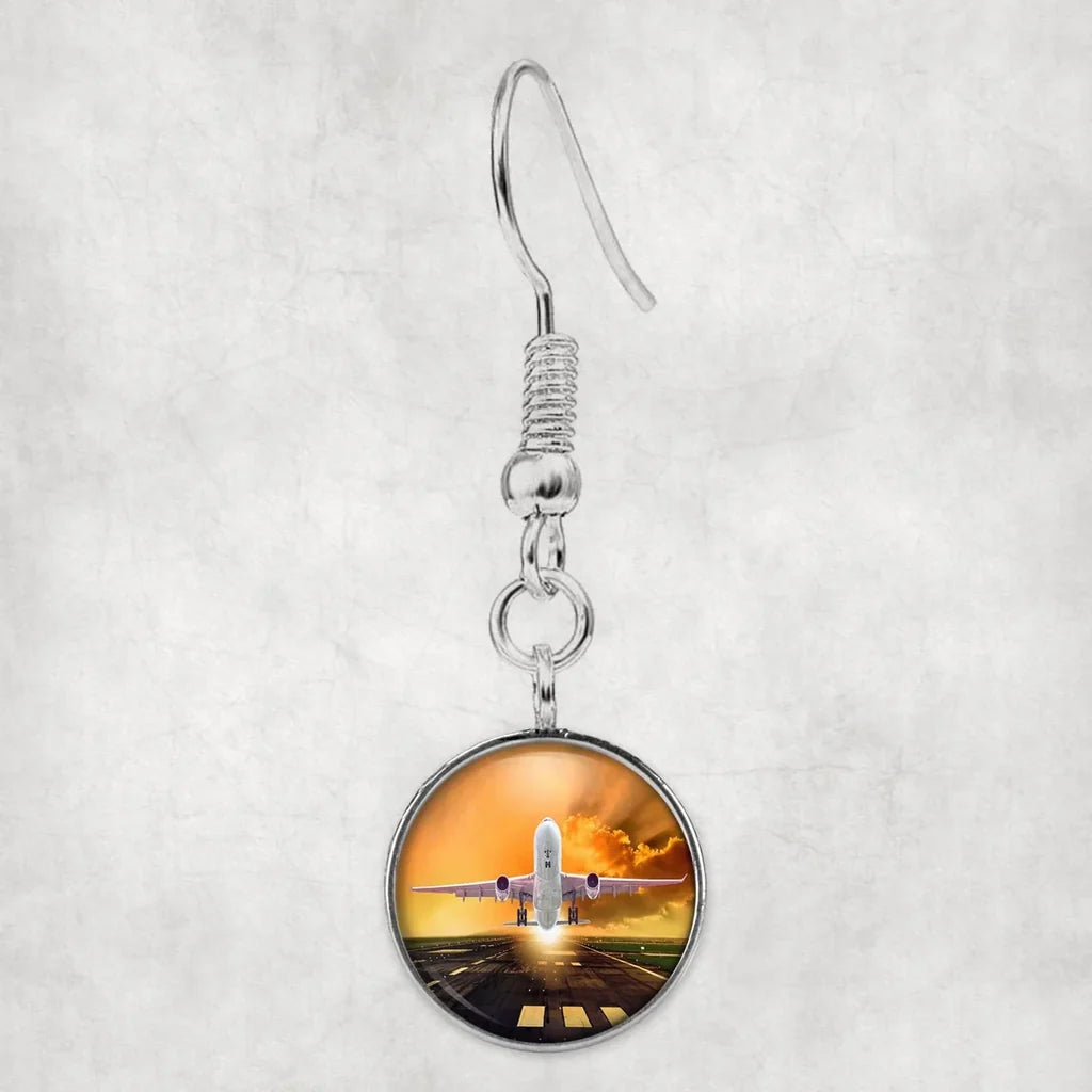 Side view of Amazing Departing Aircraft Sunset & Clouds Behind aviation earrings in hypoallergenic alloy, polished finish.