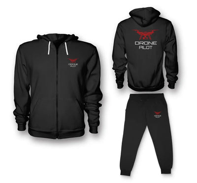 Drone aviation design on soft cotton blend zipped hoodie and sweatpants set.