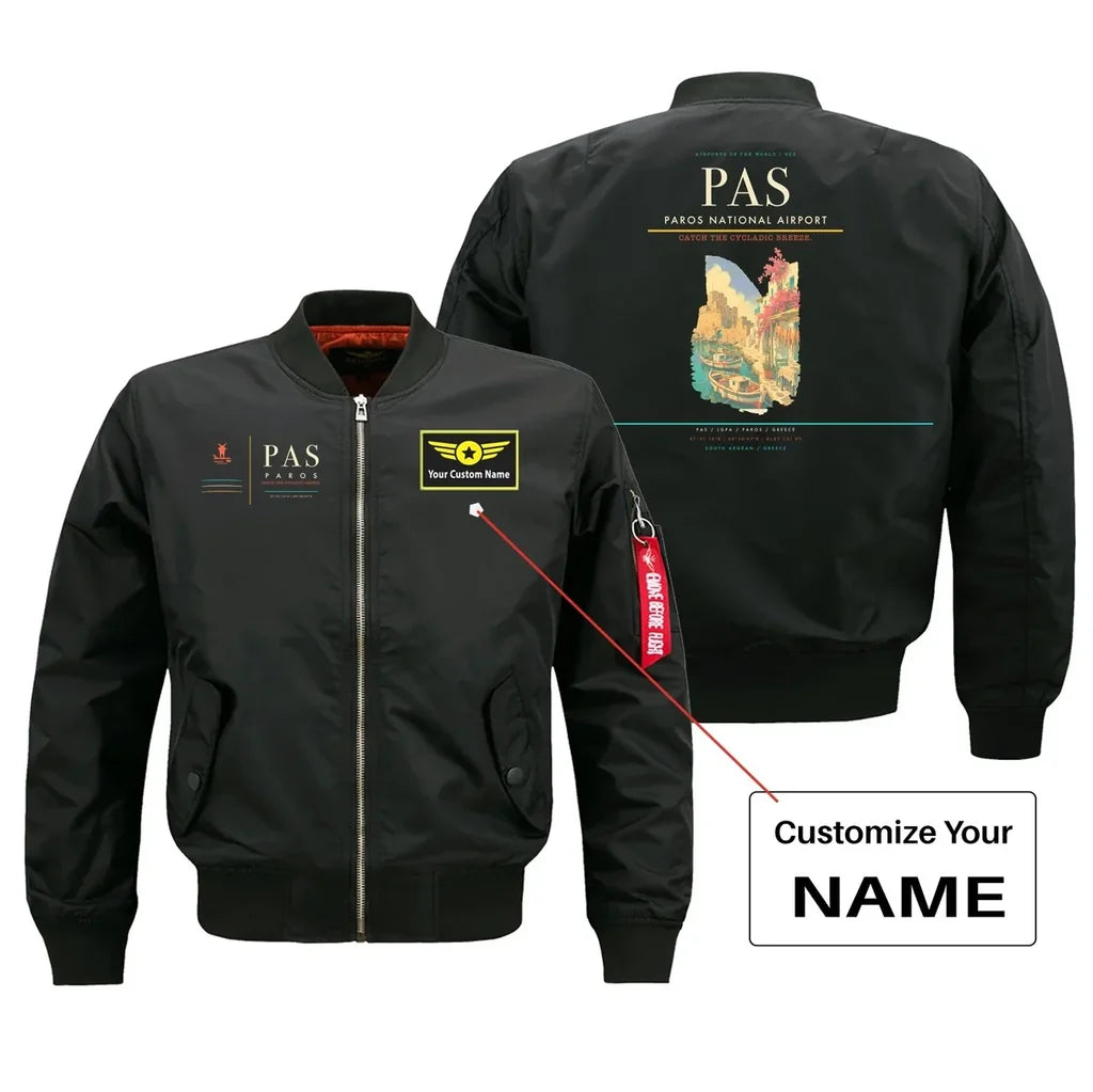 Paros National Airport (PAS) design on black bomber jacket with custom name patch