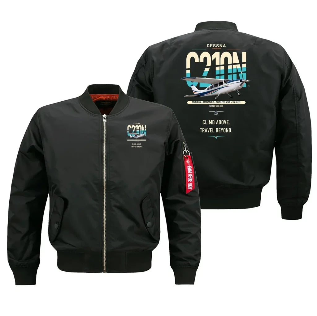 Cessna T210N Centurion design on black bomber jacket, double-side print