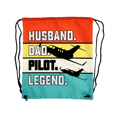 Husband & Dad & Pilot & Legend aviation print drawstring bag, lightweight polyester.