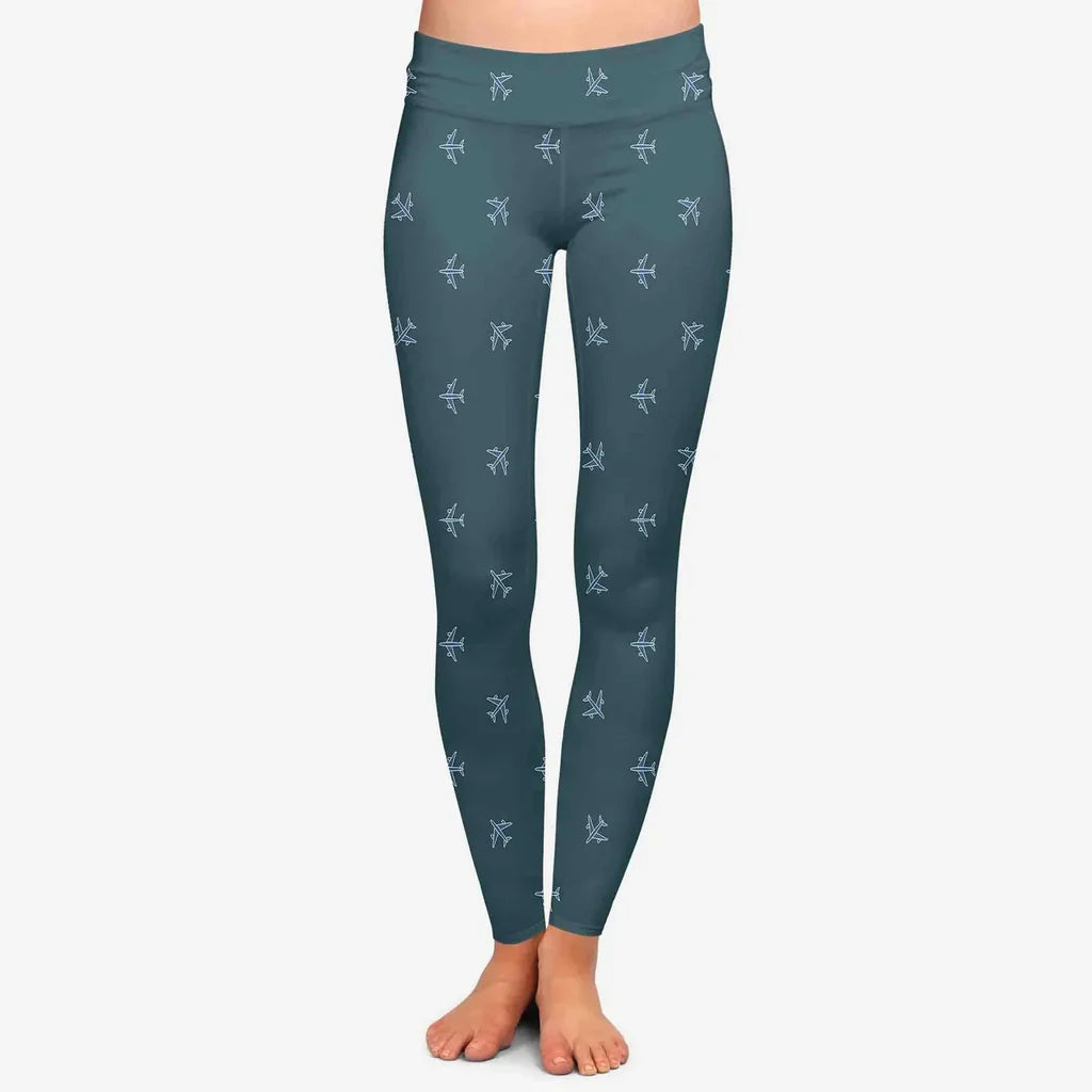 Nice Airplanes (Green) aviation design on stretch polyester blend women's leggings.