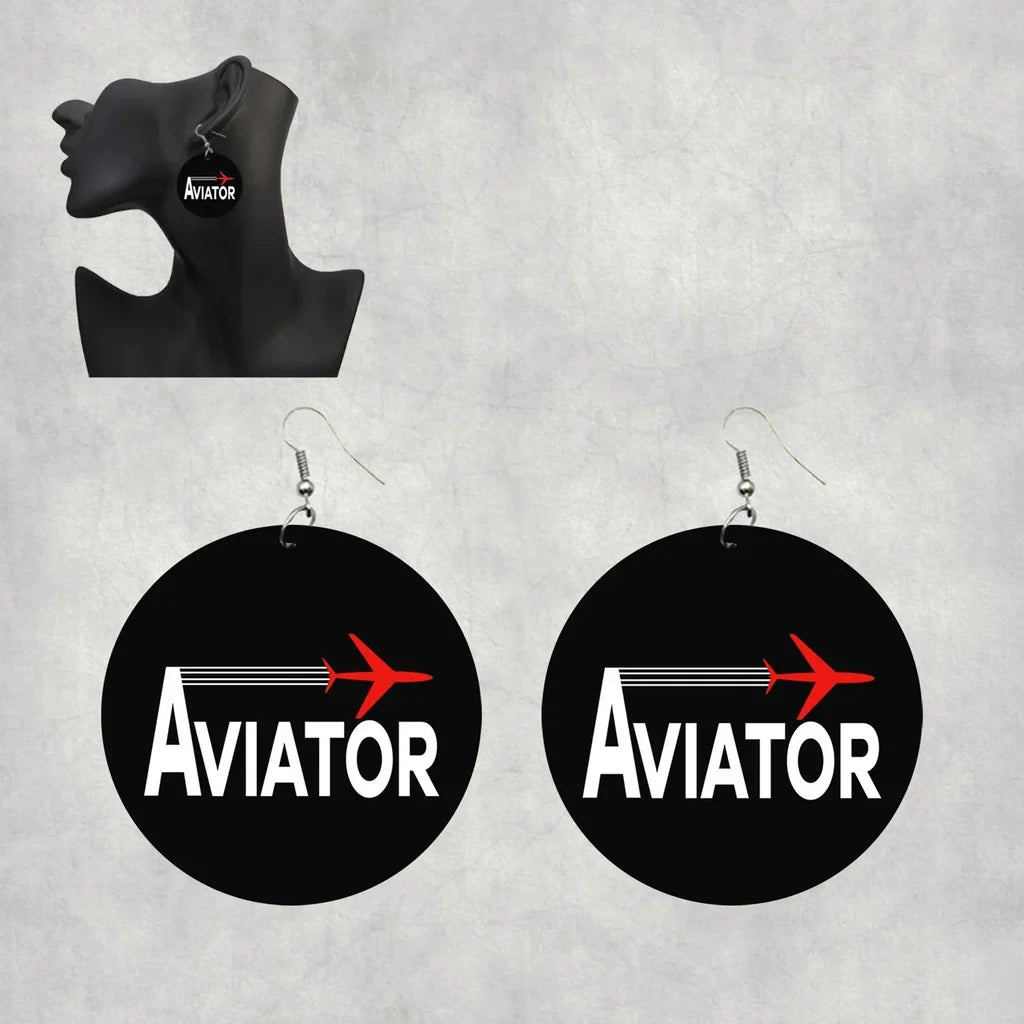 Side view of Aviator aviation drop earrings in wood with metal hooks, polished finish.