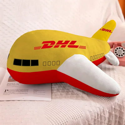 DHL aviation design on soft polyester filling airplane-shape decorative pillow.