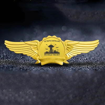 Air Traffic Controllers - We Rule The Sky aviation badge in polished metal.