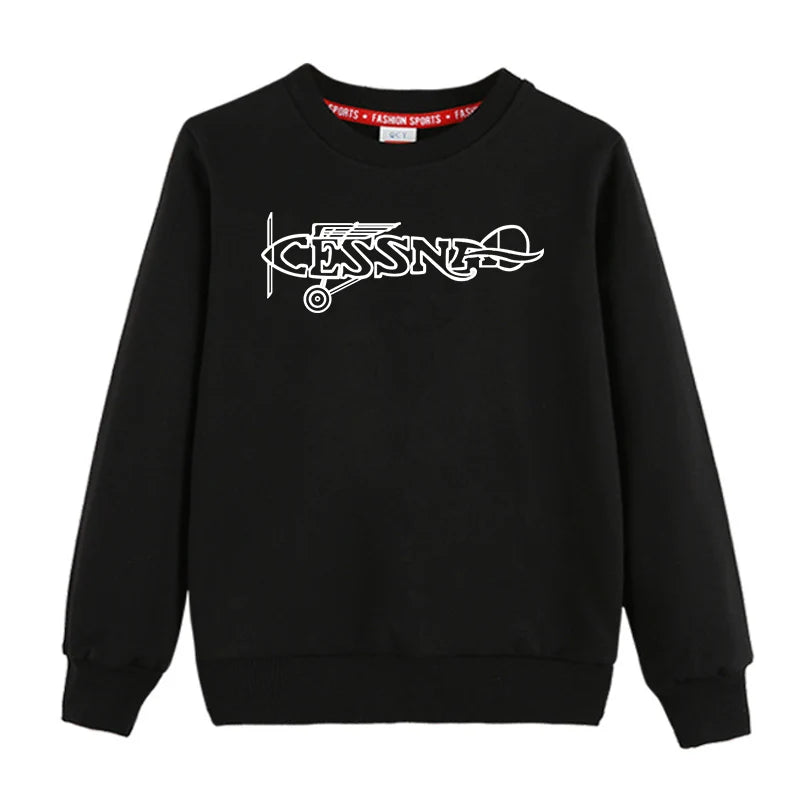 Special Cessna Text "CHILDREN" aviation design printed on soft cotton blend kids' sweatshirt.