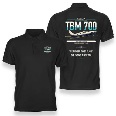 Socata TBM 700 design on black double-side polo t-shirt, double-side print
