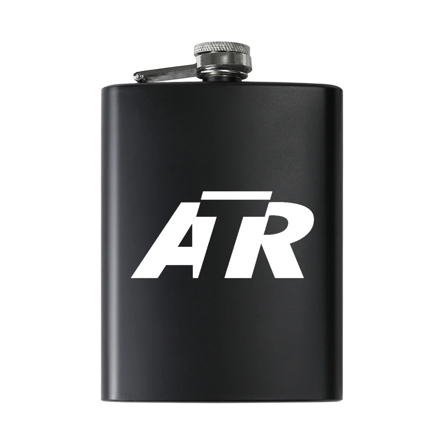 ATR & Text aviation design on stainless hip flask, compact pocket-size flask.