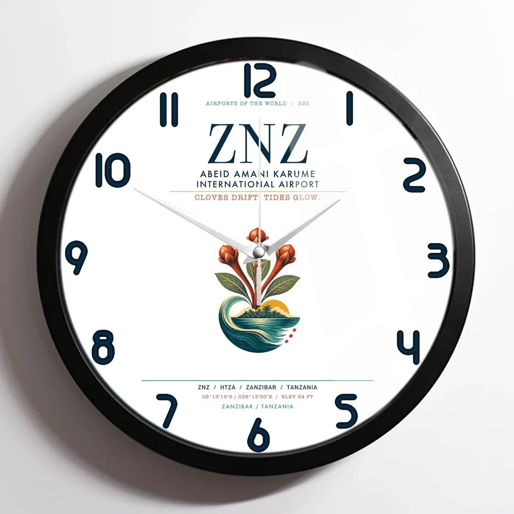 Abeid Amani Karume International Airport (ZNZ) design on white framed wall clock