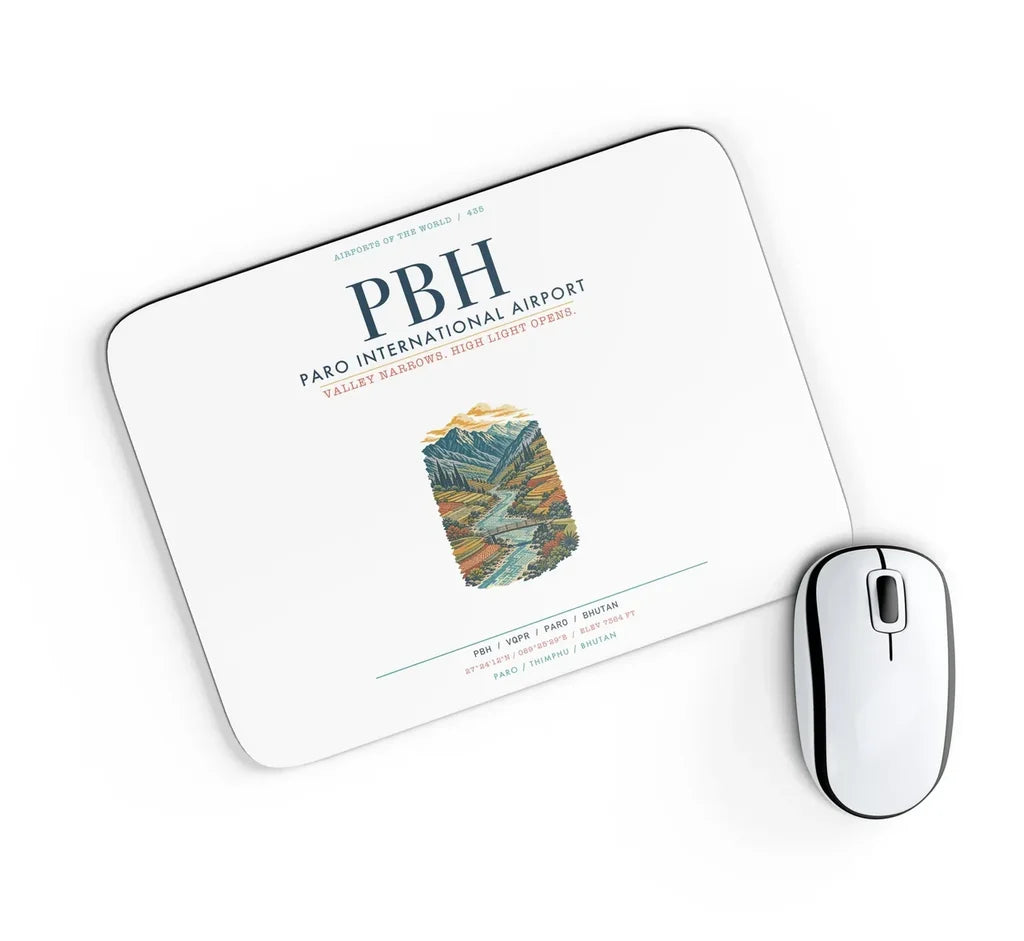 Paro International Airport (PBH) design on white rectangle mouse pad