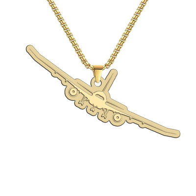 Boeing 787 Silhouette aviation hollow necklace, polished metal body with engraved detail.