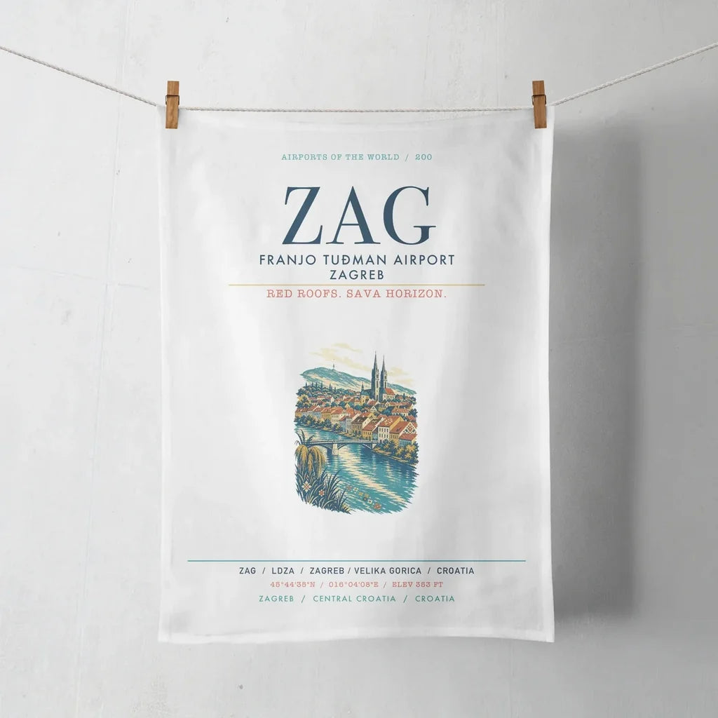 Franjo Tuđman Airport Zagreb (ZAG) design on white towel