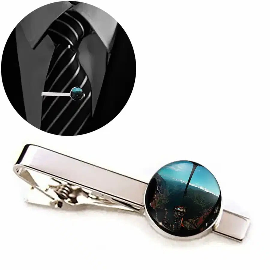 Beautiful Scenary Through Helicopter Cockpit aviation tie clip, stainless steel body with engraved detail.