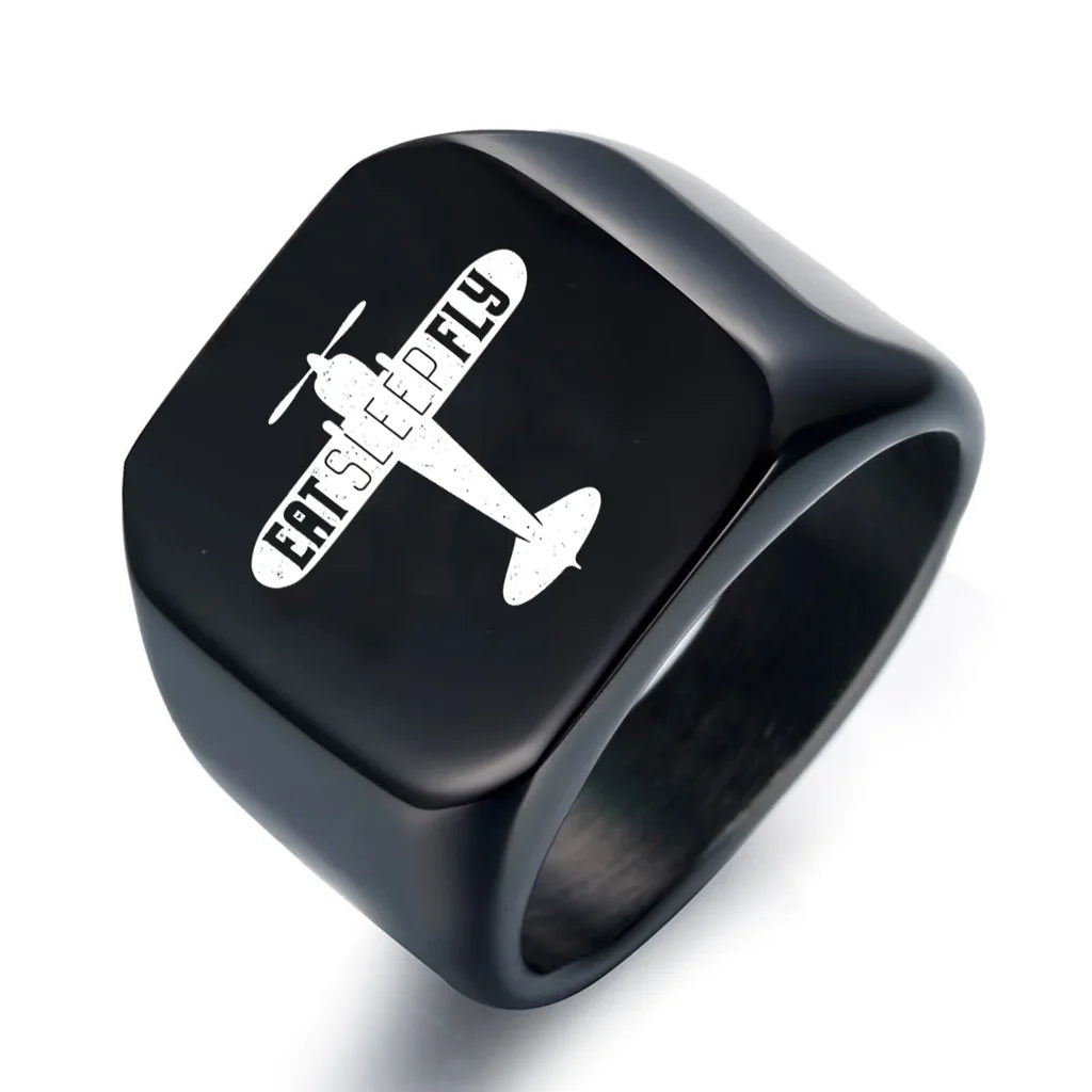 Eat Sleep Fly & Propeller aviation ring in stainless steel.