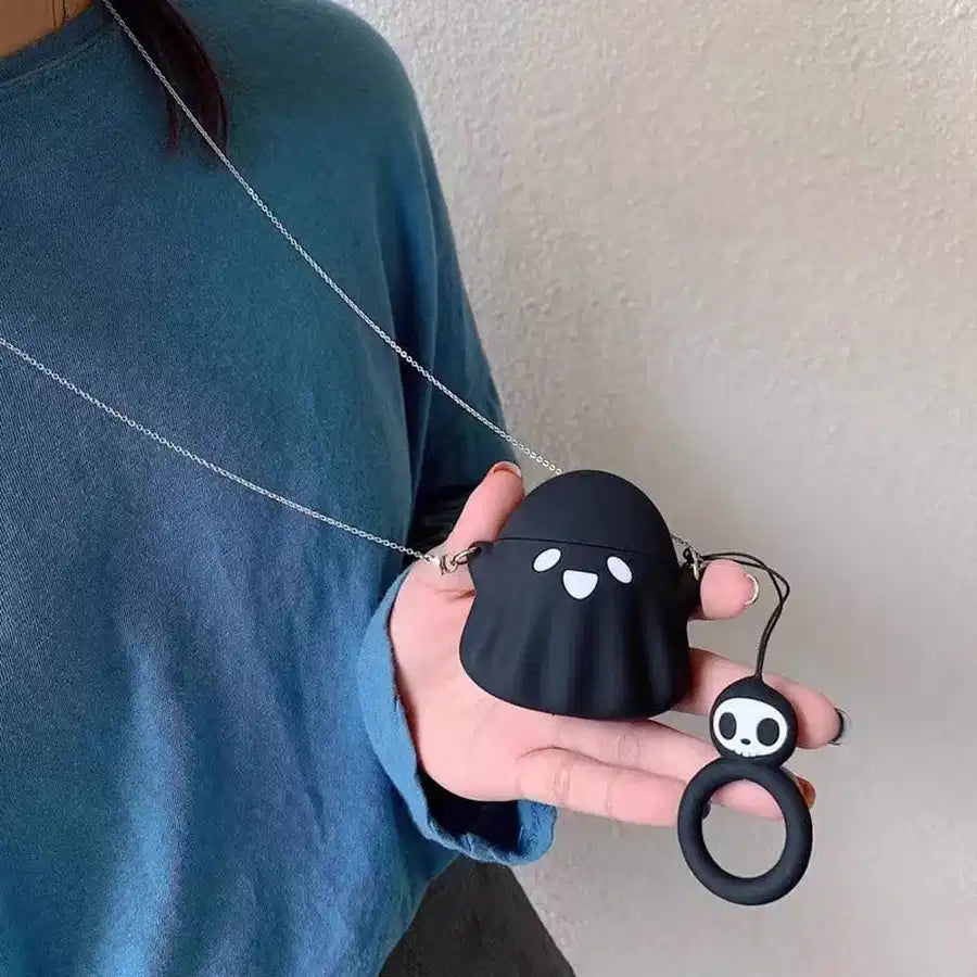 Black Ghost AirPods Protective Cover: Cute Cartoon Silicone Soft Shell aviation print premium AirPods case, fits AirPods.