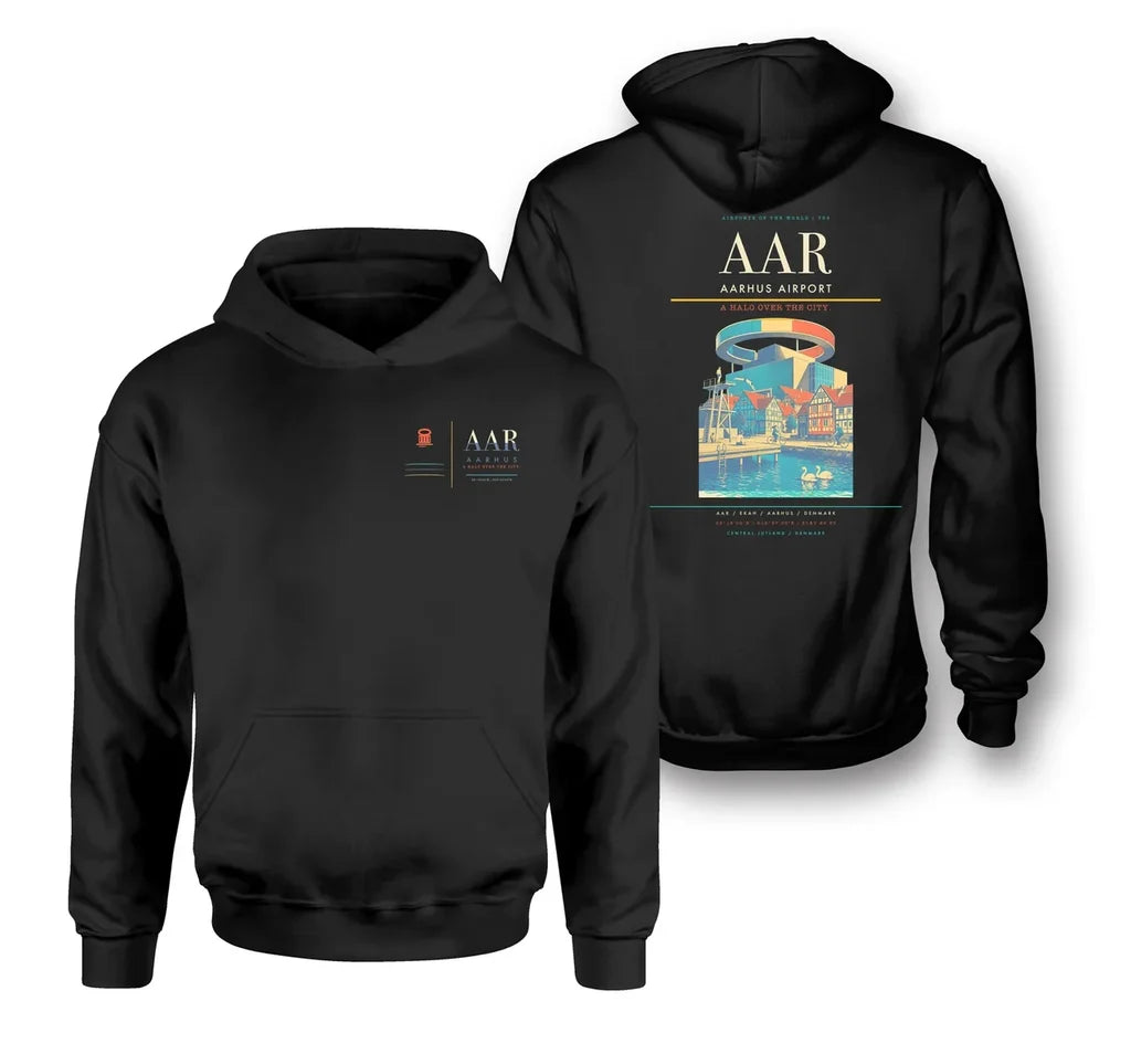 Aarhus Airport (AAR) design on black double-side hoodie