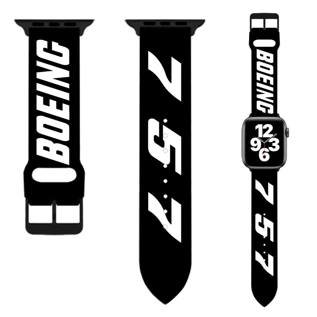 Boeing 757 Flat Text aviation Apple Watch band, soft silicone body with engraved detail.