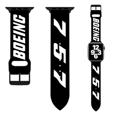 Boeing 757 Flat Text aviation Apple Watch band, soft silicone body with engraved detail.