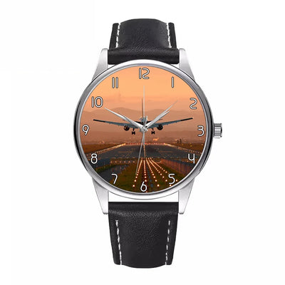 Super Cool Landing During Sunset aviation watch with leather strap, leather strap body with engraved detail.