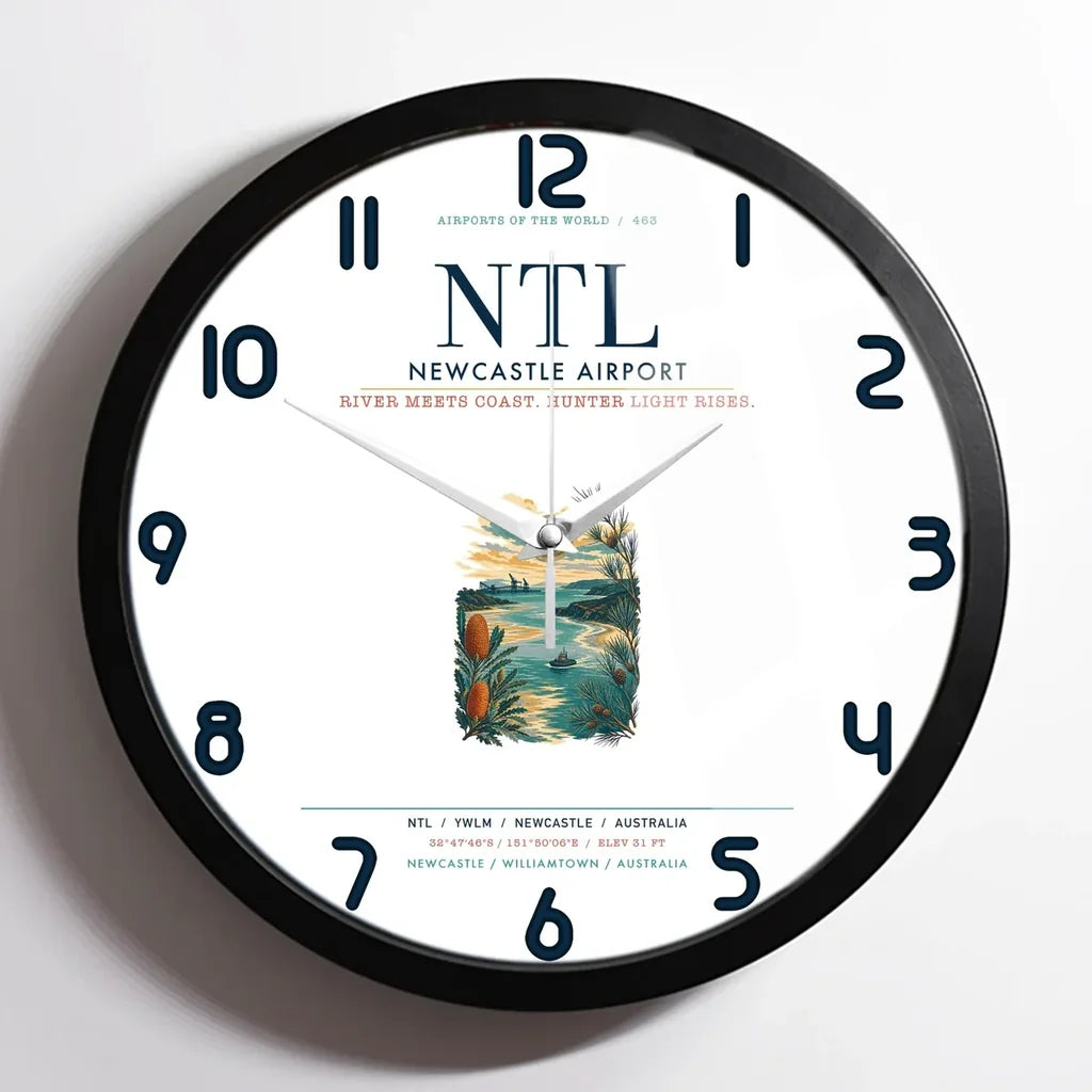 Newcastle Airport (NTL) design on white framed wall clock