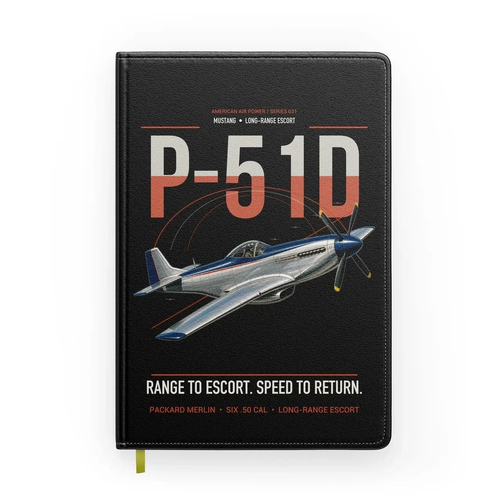 P-51D Mustang design on black notebook